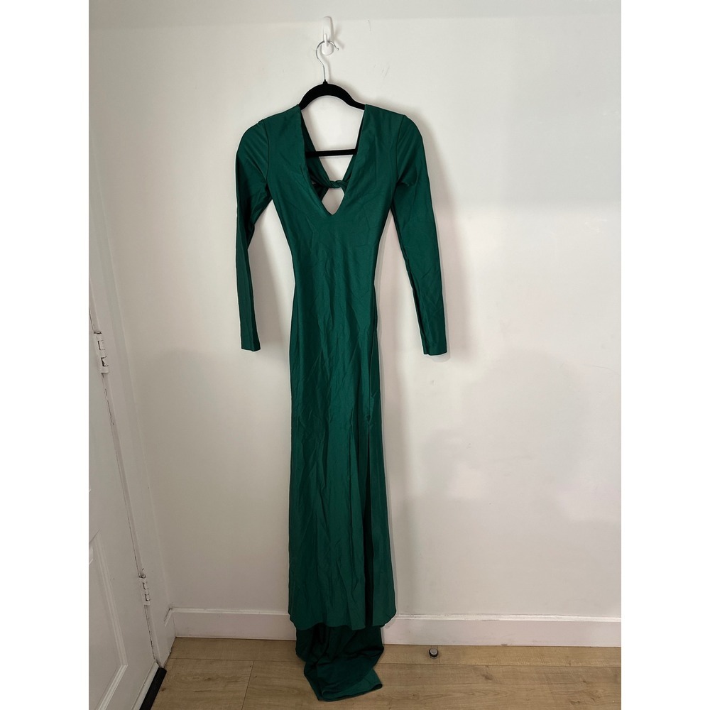 Atria Clothing Emerald Green Long Sleeve Gown High Slit Open Back Cutout Dress